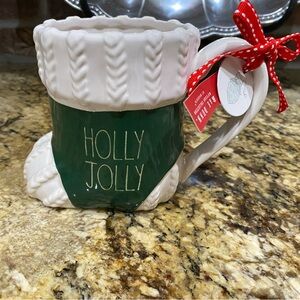 Rae Dunn HOLLY JOLLY Green stocking shaped mug  19.5 ounces - Brand new!